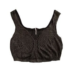 Free People Brami Tank Top Sz S Gold Metallic Ribbed Cropped Cami Relaxed Chic